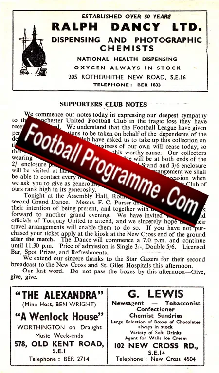Millwall v Torquay United 1958 – Munich Season Tribute Info