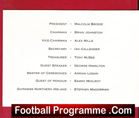 Northern Ireland Football Awards 2001 – Menu