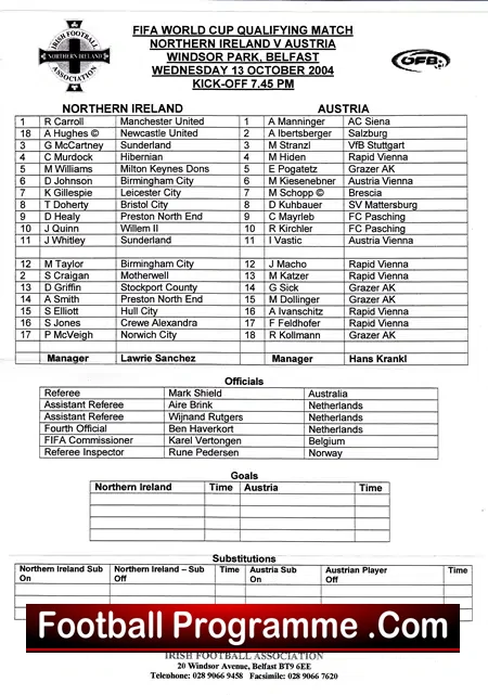 Northern Ireland v Austria 2004 – Plus Team Sheet