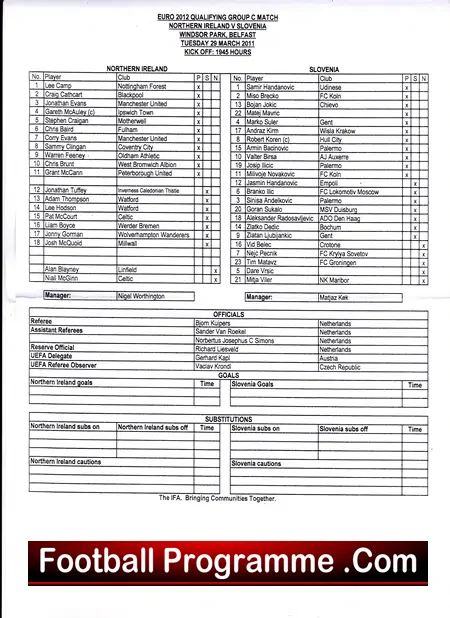 Northern Ireland v Slovenia 2011 – Plus Team Sheet