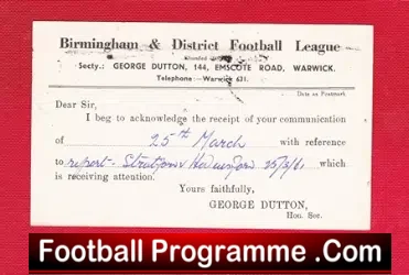 Referee Conformation Post Card Birmingham 1961 - football memorabilia