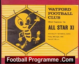 Ron Rollitt Testimonial Benefit Match Watford 1976 - football programme