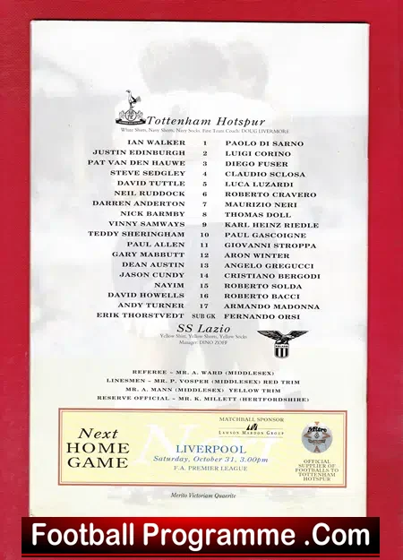 Tottenham Hotspur v Lazio 1992 – Plus Paul Gascoigne GAZZA