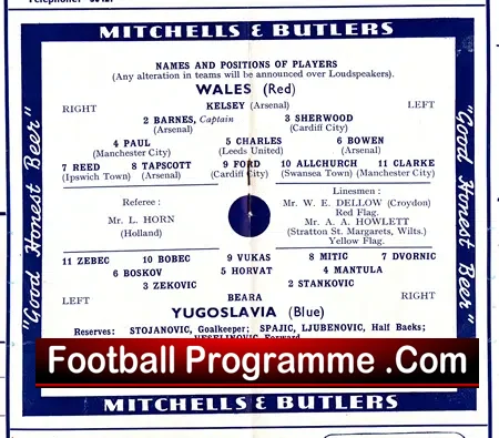 Wales v Yugoslavia 1954