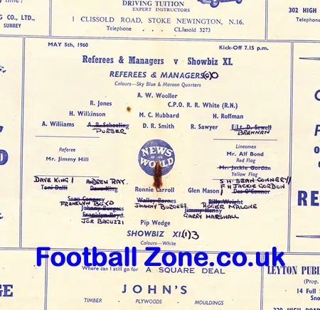 Referees + Managers v Showbiz X1 1960 – at Leyton Orient