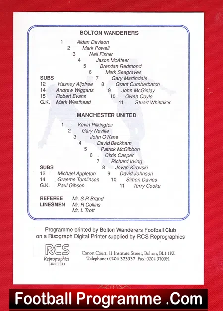 Bolton Wanderers v Manchester United 1994 - Reserves Match
