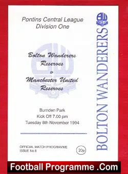 Bolton Wanderers v Manchester United 1994 - Reserves Match - football programme