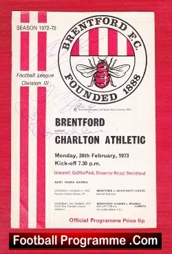 Brentford v Charlton Athletic 1973 - Multi Autographed SIGNED - football programme