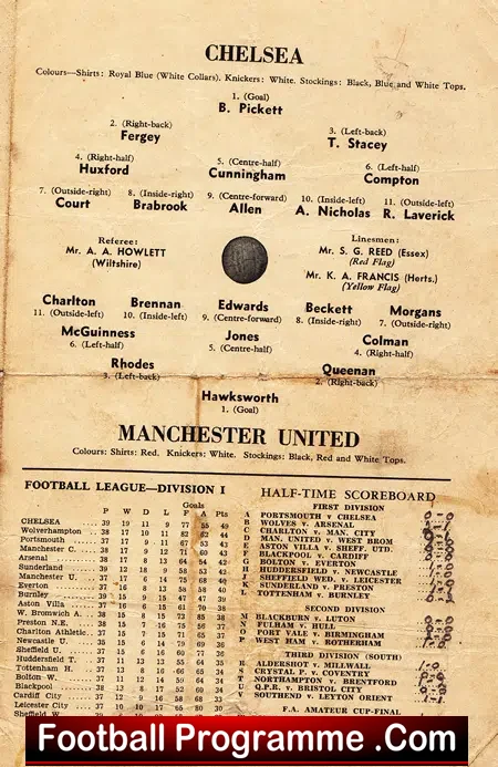 Chelsea v Manchester United 1955 – Youth Cup Semi Final Edwards