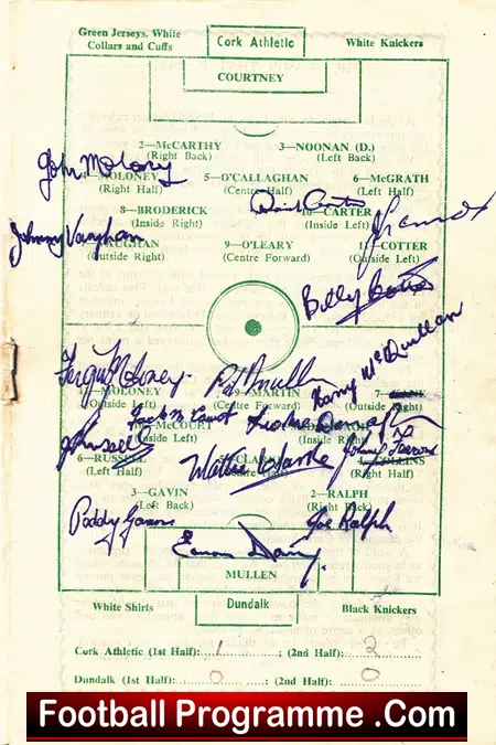 Cork Athletic v Dundalk 1953 – Multi Autographed Signed