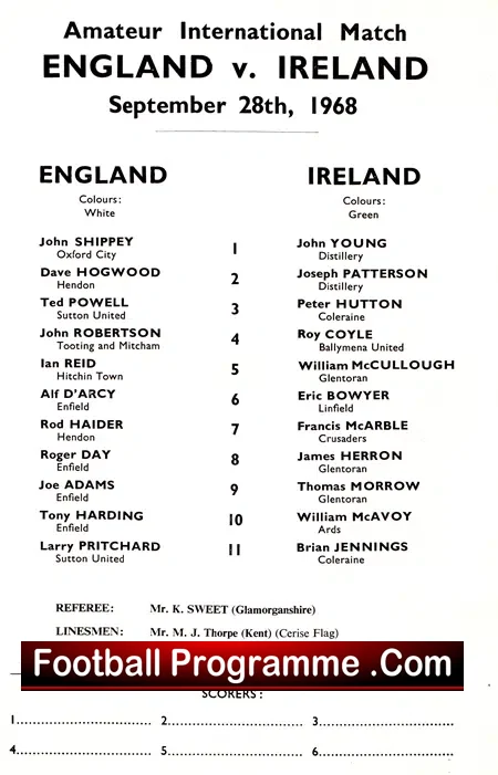 England v Ireland 1968 – Amateur International at Charlton
