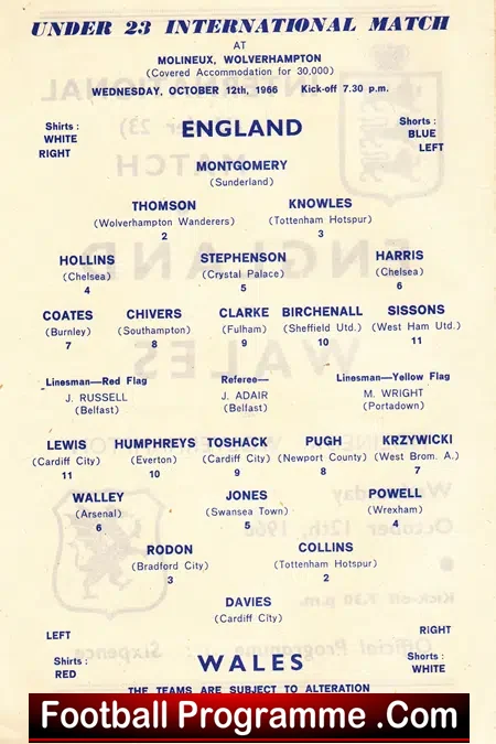 England v Wales 1966 – U23 at Wolves + Ron Harris