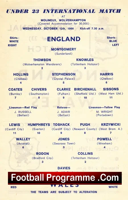England v Wales 1966 – U23 International at Wolves