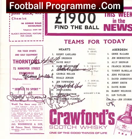 Heart Of Midlothian v Aberdeen 1967 – Multi Autographed SIGNED