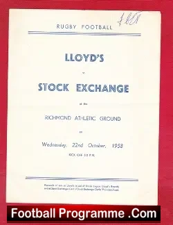 Lloyds Rugby v Stock Exchange 1958 - at Richmond Athletic - rugby programme