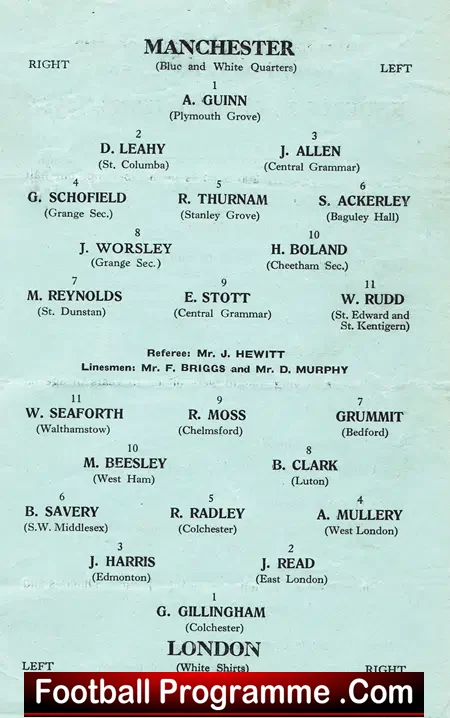 Manchester Boys v London Boys 1957 – School Boys Manchester City
