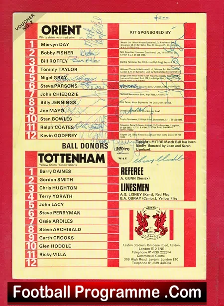 Orient v Tottenham 1980 – Multi Autographed Signed