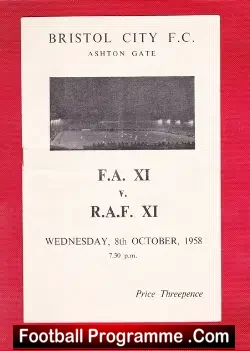 Royal Air Force RAF v FA XI 1958 – at Bristol City + Signed