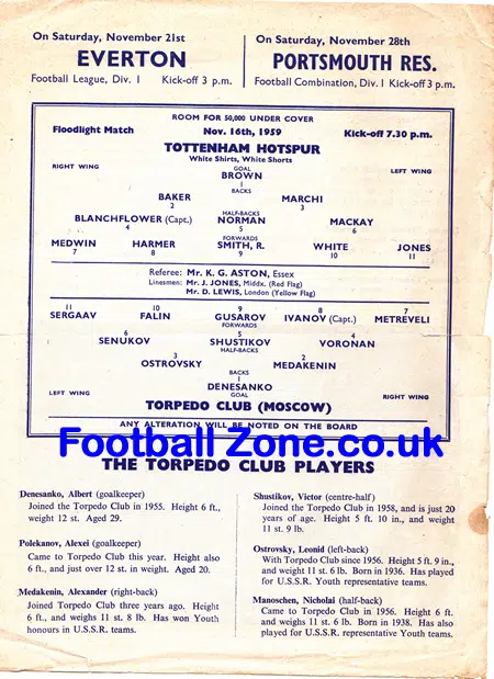 Tottenham Hotspur v Torpedo Moscow 1959 – Friendly USSR