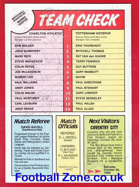 Charlton Athletic v Tottenham 1989 – Multi Autographed