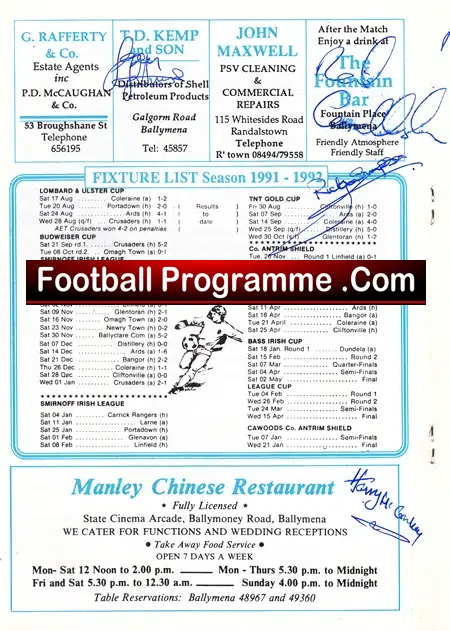 Ballymena United v Carrick Rangers 1992 Multi Autographed SIGNED