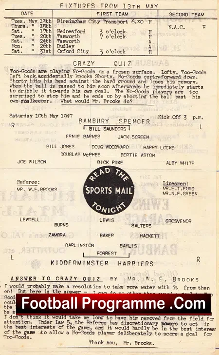 Banbury Spencer v Kidderminster Harriers 1947