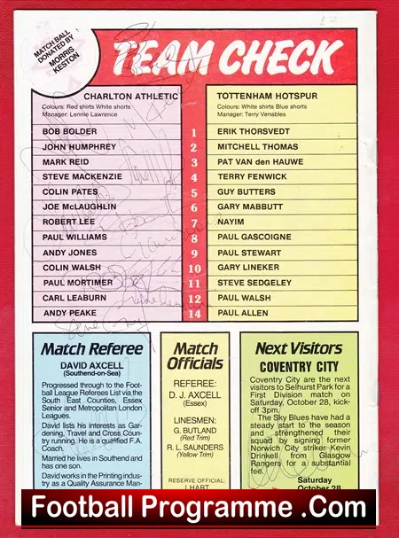 Charlton Athletic v Tottenham 1989 – Multi Autographed