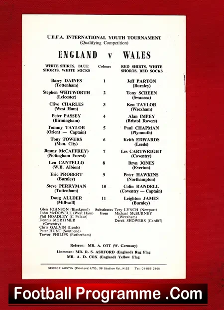 England v Wales 1970 – Youth Match at Leyton + Perryman