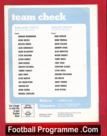 England v Wales 1976 – Youths Match at Manchester City