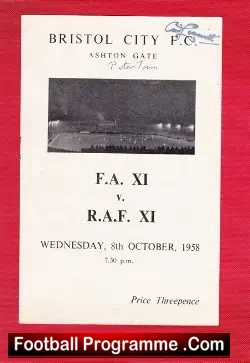 FA X1 v Royal Air Force RAF X1 1958 - at Bristol City - Signed - football programme