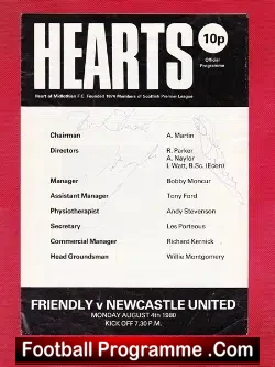 Heart Of Midlothian v Newcastle United 1980 – Autographed SIGNED