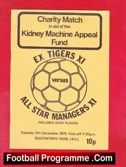 Hull City Ex Tigers v Managers X1 1975 - George Best + Charlton - football programme