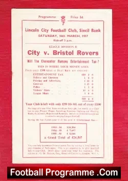 Lincoln City v Bristol Rovers 1957 - football programme