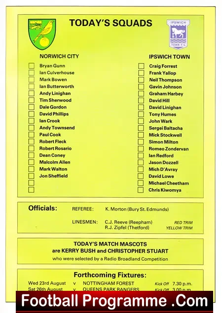 Norwich City v Ipswich Town 1989 – Hospital Cup Multi Autographs