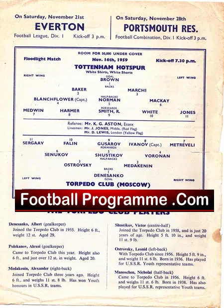 Tottenham Hotspur v Torpedo Moscow 1959 – Friendly USSR
