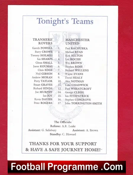 Tranmere Rovers v Manchester United 1998 – Youth Cup Match