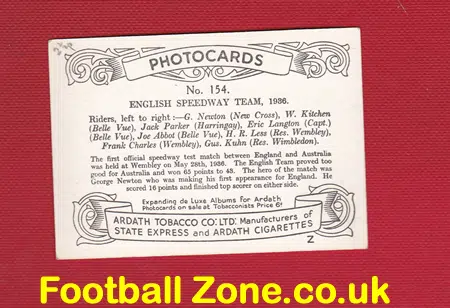 English Speedway Test Team Picture Cigarette Card 1936