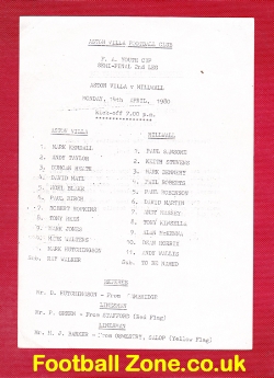 Aston Villa v Millwall 1980 – FA Youth Cup Semi Final
