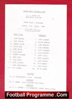Aston Villa v Millwall 1980 – FA Youth Cup Semi Final