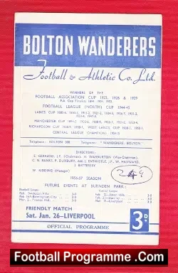 Bolton Wanderers v Liverpool 1957 - Burnden Park Friendly - football programme