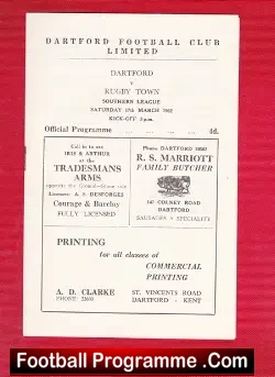 Dartford v Rugby Town 1962 - rugby programme