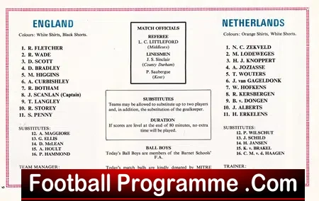 England v Holland 1973 – Schoolboys Match at Wembley