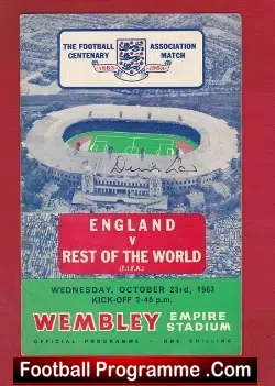 England v Rest Of The World 1963 - Autograph Denis Law - football programme