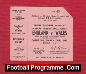 England v Wales 1953 – Schools Football Ticket + Stub