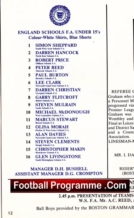 England v Wales 1988 – Schoolboys at York Street Boston