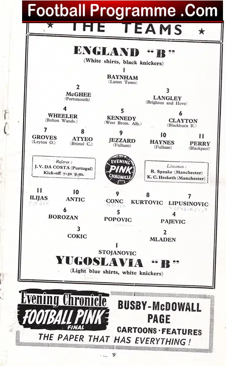 England v Yugoslavia 1955 - at Manchester City + Sheet