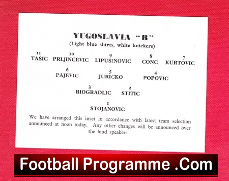 England v Yugoslavia 1955 - at Manchester City + Sheet