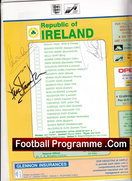 Ireland v England 1990 – Euros – Multi Autographed Signed