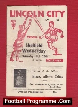 Lincoln City v Sheffield Wednesday 1949 - football programme