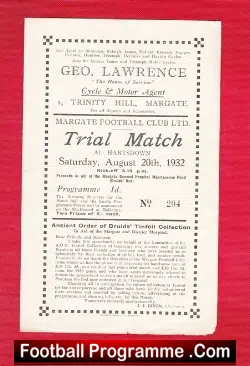 Margate Football Club Trials Match - 1932 - RARE - football programme
